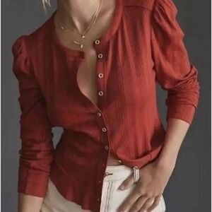 Pilcro Button-Down Top Puff Sleeve Ribbed Knit Blouse Red‎ XXS